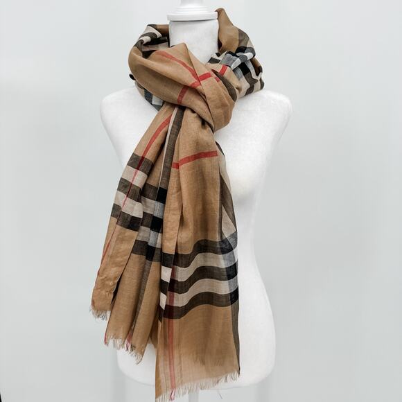 Burberry Scarf Authentic Beige Gauze Lightweight Plaid Nova Check Long Oversized - Picture 1 of 8